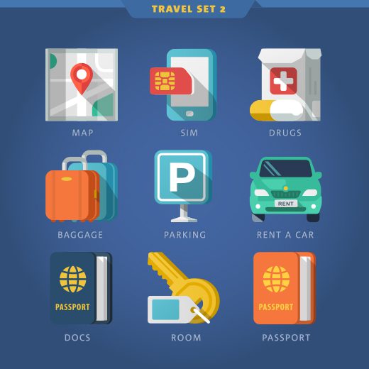 A set of nine different icons with various travel destinations.