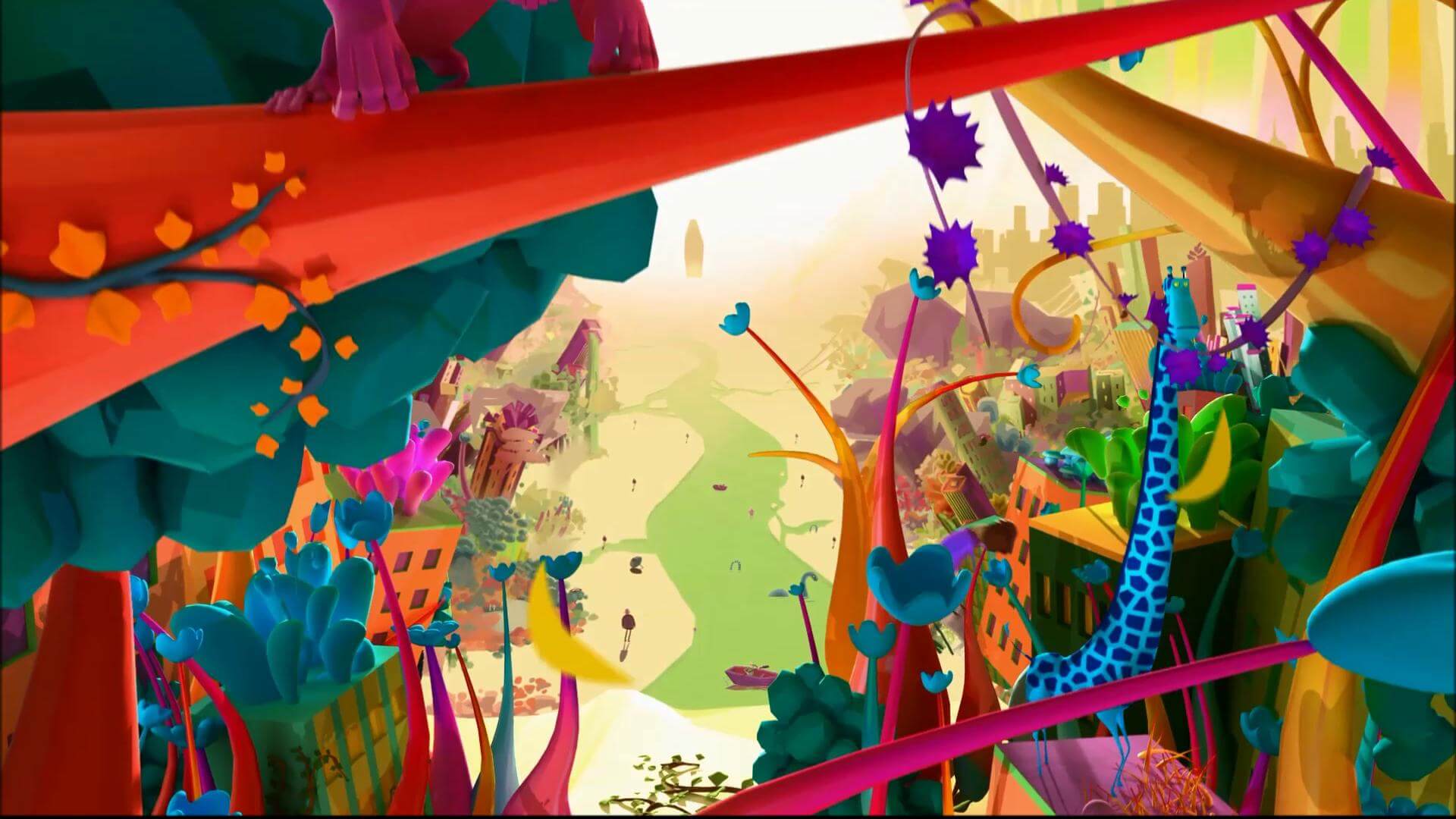 A colorful painting of trees and plants in the background.
