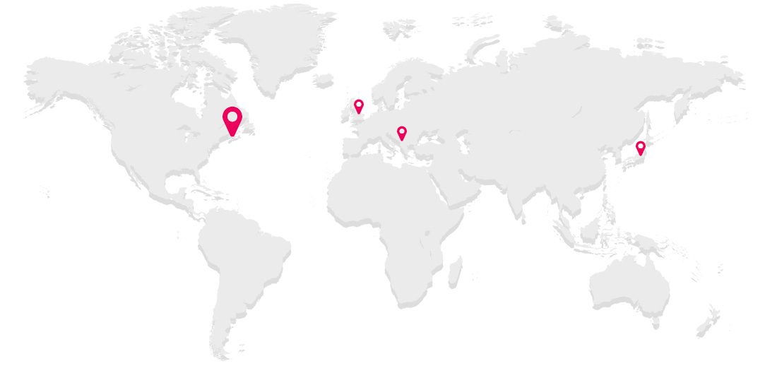 A map of the world with three locations marked.